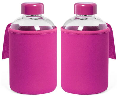 Glazen waterfles/drinkfles softshell bescherm hoes - 2x - roze - 600 ml - Sportfles - Bidon