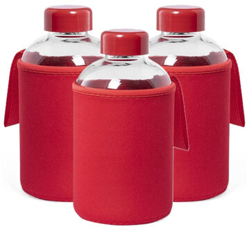 Glazen waterfles/drinkfles softshell bescherm hoes - 3x - rood - 600 ml - Sportfles - Bidon