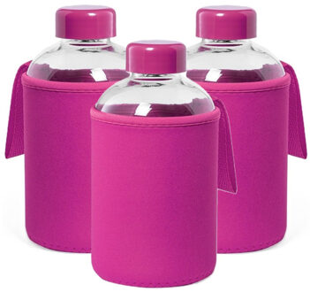 Glazen waterfles/drinkfles softshell bescherm hoes - 3x - roze - 600 ml - Sportfles - Bidon