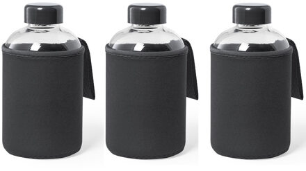 Glazen waterfles/drinkfles softshell bescherm hoes - 3x - zwart - 600 ml - Sportfles - Bidon