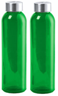 Glazen waterfles/drinkfles/sportfles - 2x - groen transparant - met RVS dop - 500 ml - Drinkflessen