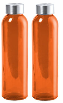 Glazen waterfles/drinkfles/sportfles - 2x - oranje transparant - met RVS dop - 500 ml