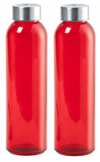 Glazen waterfles/drinkfles/sportfles - 2x - rood - met RVS dop - 500 ml - Drinkflessen