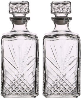 Glazen whisky/water karaf van 1 liter - Set van 2x stuks - Kristalglas look whiskey fles - Karaffen