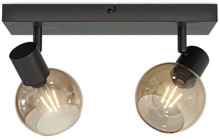 Glazura - LED Plafondlamp 2 spots - Glazen bollen - Amber glas - Zwart - E14 fittingen