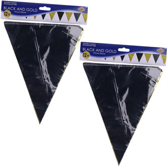 Glitter and glamour Vlaggenlijn - 2x - zwart en goud - 360 cm - folie - glimmend - versiering