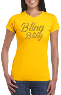 Glitter glamour feest t-shirt dames - bling bling goud - geel XL
