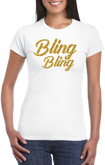 Glitter glamour feest t-shirt dames - bling bling goud - wit L