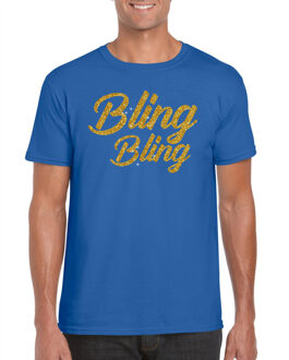 Glitter glamour feest t-shirt heren - bling bling goud - blauw M