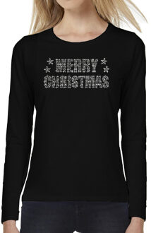Glitter kerst longsleeve shirt zwart Merry Christmas glitter steentjes voor dames - Lange mouwen L