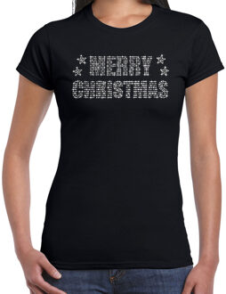 Glitter kersttrui t-shirt - zwart - glitter rhinestones - voor dames L