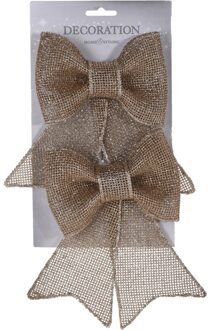 Glitter strik champagne 18 cm 2x stuks - Kersthangers Champagnekleurig