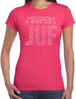 Glitter Super Juf t-shirt roze rhinestones steentjes voor dames - Glitter cadeau shirt/ outfit XL