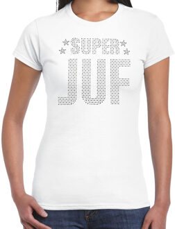Glitter Super Juf t-shirt wit rhinestones steentjes voor dames - Glitter cadeau shirt/ outfit XL