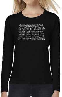 Glitter Super Mama longsleeve shirt zwart Moederdag cadeau rhinestones steentjes voor dames XL