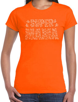 Glitter Super Mama t-shirt oranje Moederdag cadeau rhinestones steentjes voor dames L
