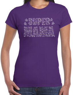 Glitter Super Mama t-shirt paars Moederdag cadeau rhinestones steentjes voor dames M