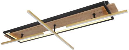 Globo Beatrix LED plafondlamp, lengte 100 cm, hout/zwart donker hout, mat zwart, messing