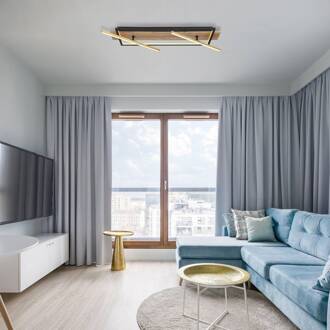 Globo Beatrix LED plafondlamp, lengte 81,5 cm, hout/zwart donker hout, mat zwart, messing