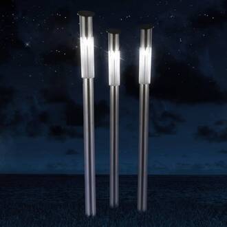Globo Fania lamp op zonne-energie met grondpen, roestvrij staal, set van 3 roestvrij staal, helder