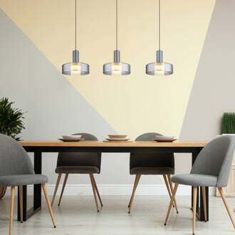 Globo Grant LED hanglamp, lengte 90 cm, rookgrijs, 3-lamps, glas grijs mat, rookgrijs, gesatineerd
