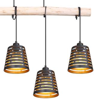 Globo Hanglamp Ablona, lengte 85 cm, zwart/goudkleurig, metaal zwart mat, goud, licht hout