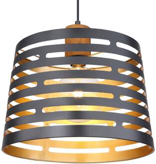 Globo Hanglamp Ablona, Ø 35 cm, zwart/goudkleurig, metaal zwart mat, goud, licht hout