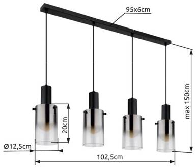 Globo Hanglamp Florentina, lengte 103 cm, rookgrijs, glas, 4-lamps. rookgrijs-transparant, zwart mat