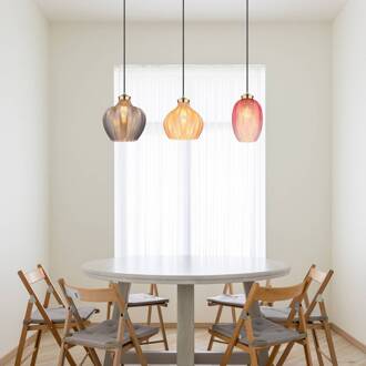 Globo Hanglamp Jessica, lengte 90 cm, kleurrijk, 3-lamps, glas amberkleurig, rookkleurig, rood, goudkleurig mat