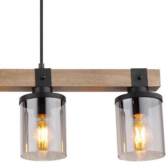 Globo Hanglamp Lila met houten balk, 4-lamps donkerbruin, rookgrijs getint, zwart