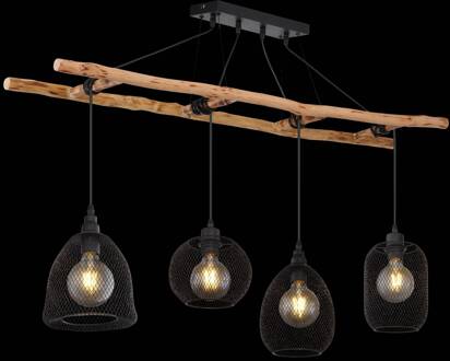 Globo Hanglamp Lioni van hout met vier metalen kappen hout licht, mat zwart