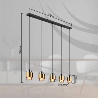 Globo Hanglamp Milley, 5-lamps, lengte 105 cm zwart, messing, rookgrijs