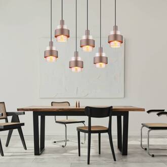 Globo Hanglamp Milley, lengte 96 cm, bronskleurig, 6-lamps, metaal bronskleurig, amberkleurig, helder, zwart