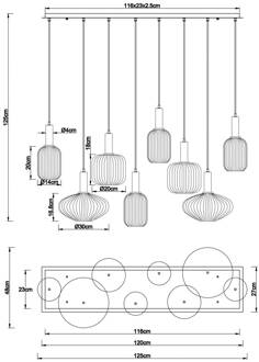 Globo Hanglamp Normy, lengte 125 cm, kleurrijk, glas, 8-lamps. rokerig grijs, groen, koffiebruin, braam, messingkleurig