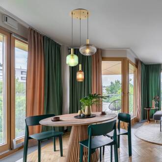 Globo Hanglamp Normy, Ø 55 cm, gekleurd, glas, 3-lamps. messing, gekleurd