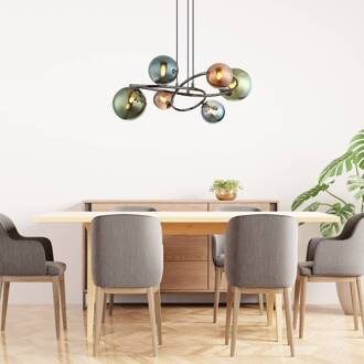 Globo Hanglamp Riha, Ø 65 cm, bont, glas/metaal, 6-lamps. brons, groen, petrol