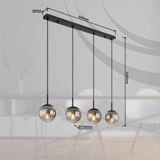 Globo Hanglamp Samos, lengte 90 cm, rookgrijs, 4-lamps, glas rookgrijs, mat zwart