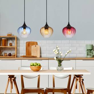 Globo Hanglamp Sander, lengte 80 cm, kleurrijk, glas, 3-lamps. blauw, rood, amber, zwart