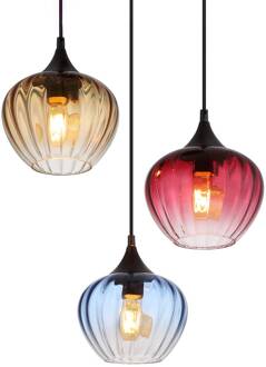 Globo Hanglamp Sander, Ø 45 cm, bont, glas, 3-lamps. blauw, rood, amber, zwart