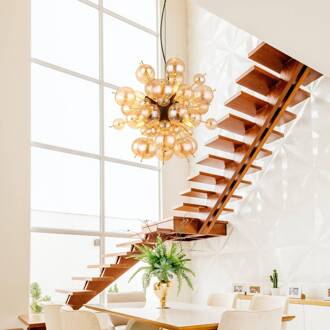 Globo Hanglamp Udo, amberkleurig, Ø 55 cm, glas amberkleurig, zwart mat