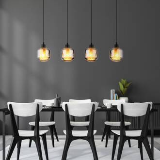 Globo Hanglamp Xia, lengte 89 cm, rookgrijs, 4-lamps, glas rookgrijs, zwart, opaal