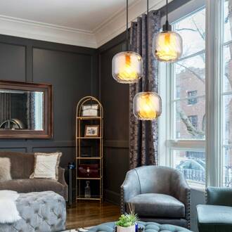 Globo Hanglamp Xia, Ø 35 cm, rookgrijs, 3-lamps, glas rookgrijs, zwart, opaal