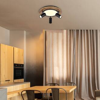 Globo Kassu plafondlamp in houtmotief Ø 40cm matzwart, licht hout, gesatineerd