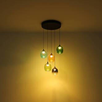 Globo LED hanglamp Minara, 5-lamps, Ø 43 cm, kleurrijk, glas multicolor, mat zwart