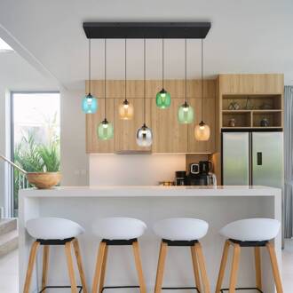 Globo LED hanglamp Minara, 7-lamps, lengte 102 cm, kleurrijk, glas multicolor, mat zwart