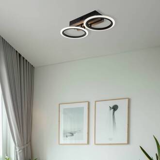 Globo LED plafondlamp Blevins 2-lamps zwart/houtlook, lengte 46 cm zwart mat, hout, opaal
