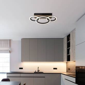 Globo LED plafondlamp Blevins 3-lamps zwart/houtlook, lengte 46 cm zwart mat, hout, opaal