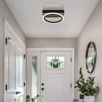 Globo LED plafondlamp Blevins, matzwart/houtlook, Ø 25 cm zwart mat, hout, opaal