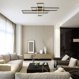 Globo LED plafondlamp Dakari, lengte 80 cm, zwart/hout, 3-lamps. zwart, donker hout