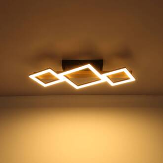 Globo LED plafondlamp Dustin, 3-lamps zwart, hout donker, wit